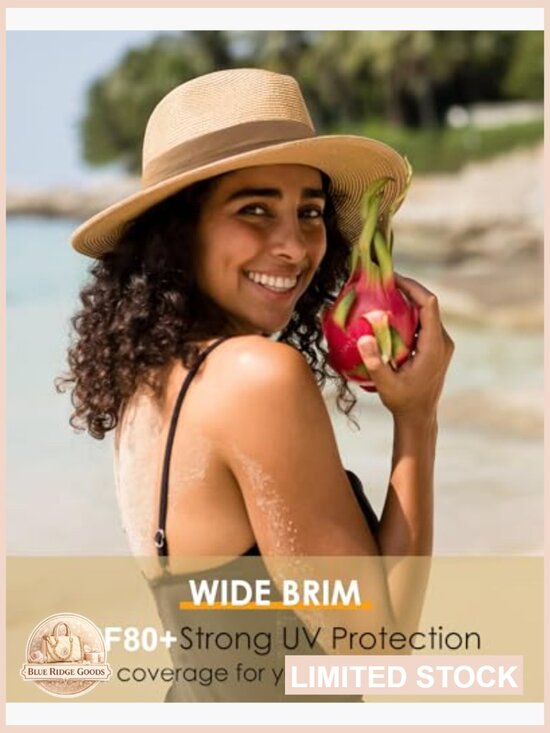 Wide Brim Straw Fedora Sun Hat UPF 80+ Lightweight Packable Adjustable Chin main image 5